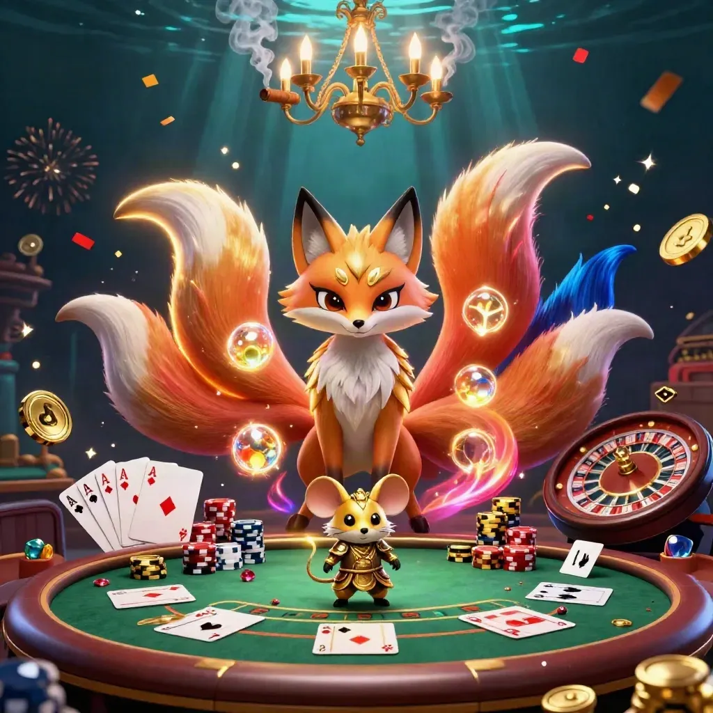 Nine-tailed fox spirit and samurai mouse in a glowing casino scene with roulette, chips, and confetti.