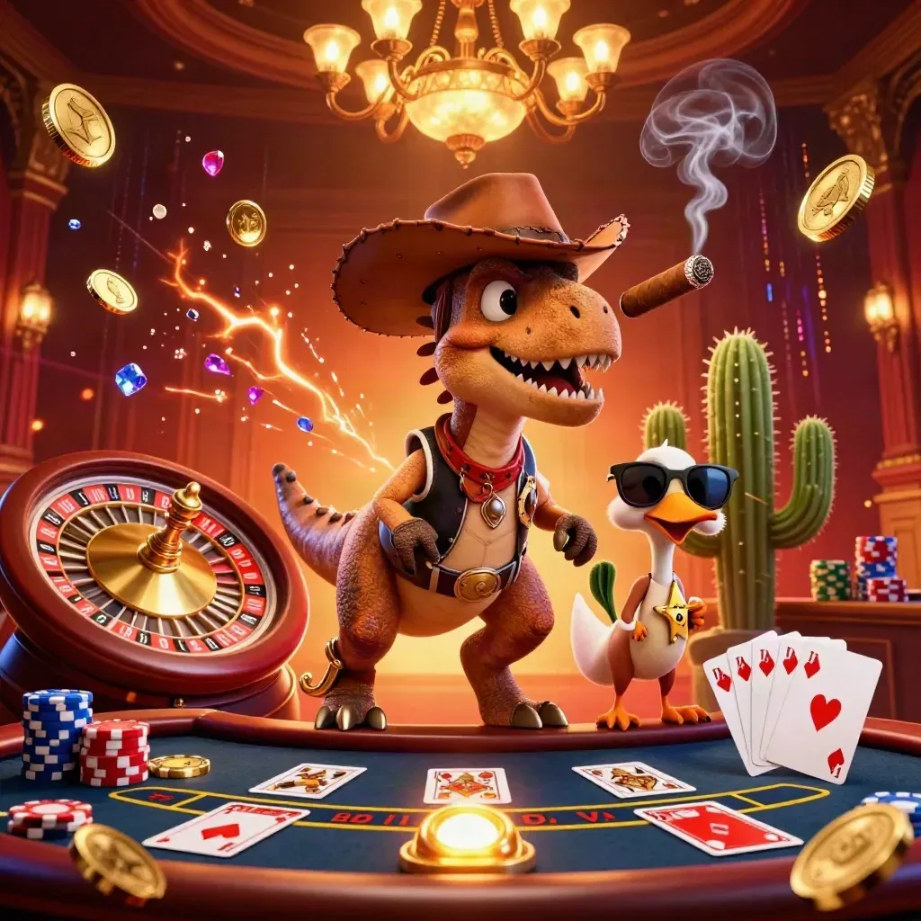 Cowboy T-Rex, cactus, and roadrunner amid casino lights, coins, gems, wheel, cards, and chips