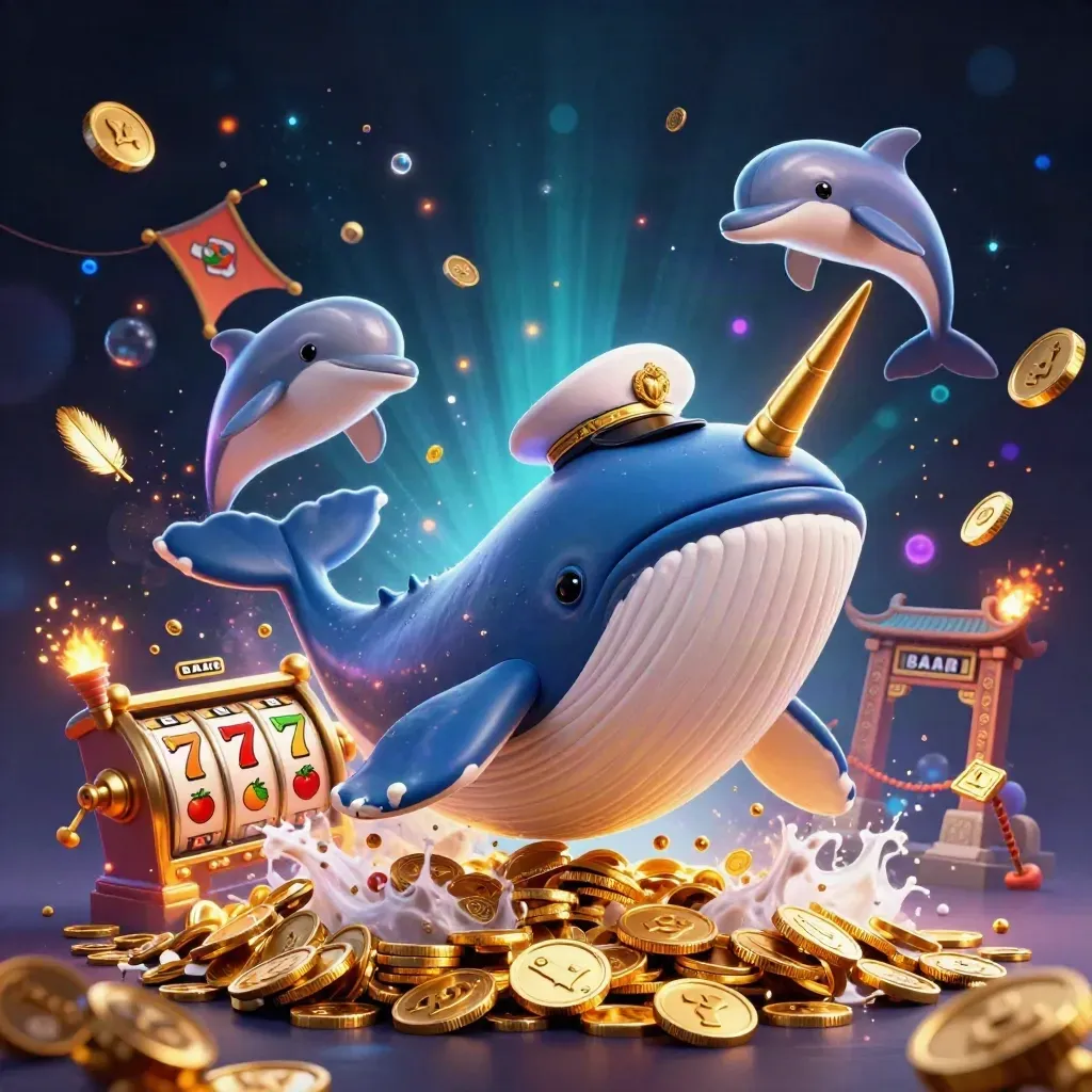 Whale captain, narwhal, and dolphins erupt in gold coins and cyan magic under a dark casino sky.
