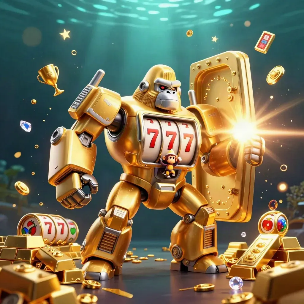 Golden gorilla mech with tiny monkey pilot bursts from a treasure vault amid gems and gold.