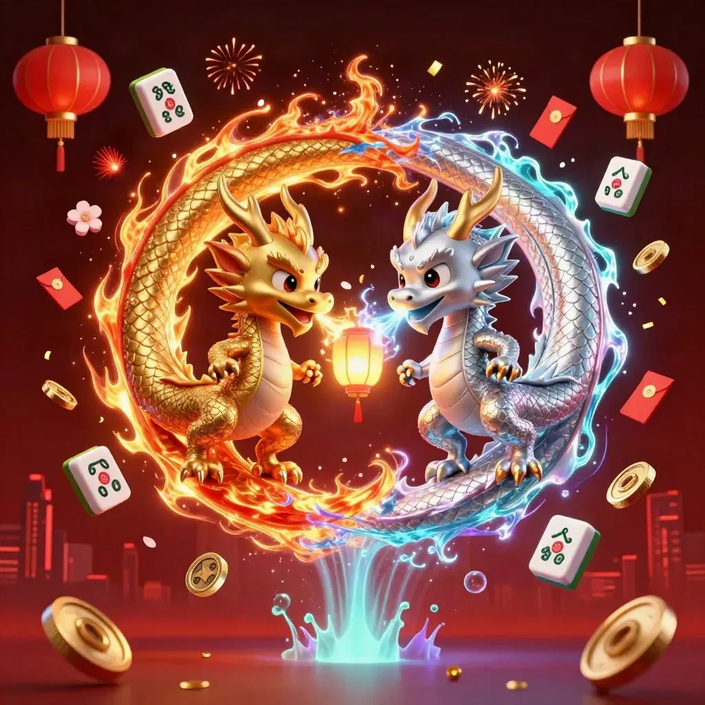 Gold and silver dragons spiral with a lantern spirit amid casino treasure and glowing sparks.