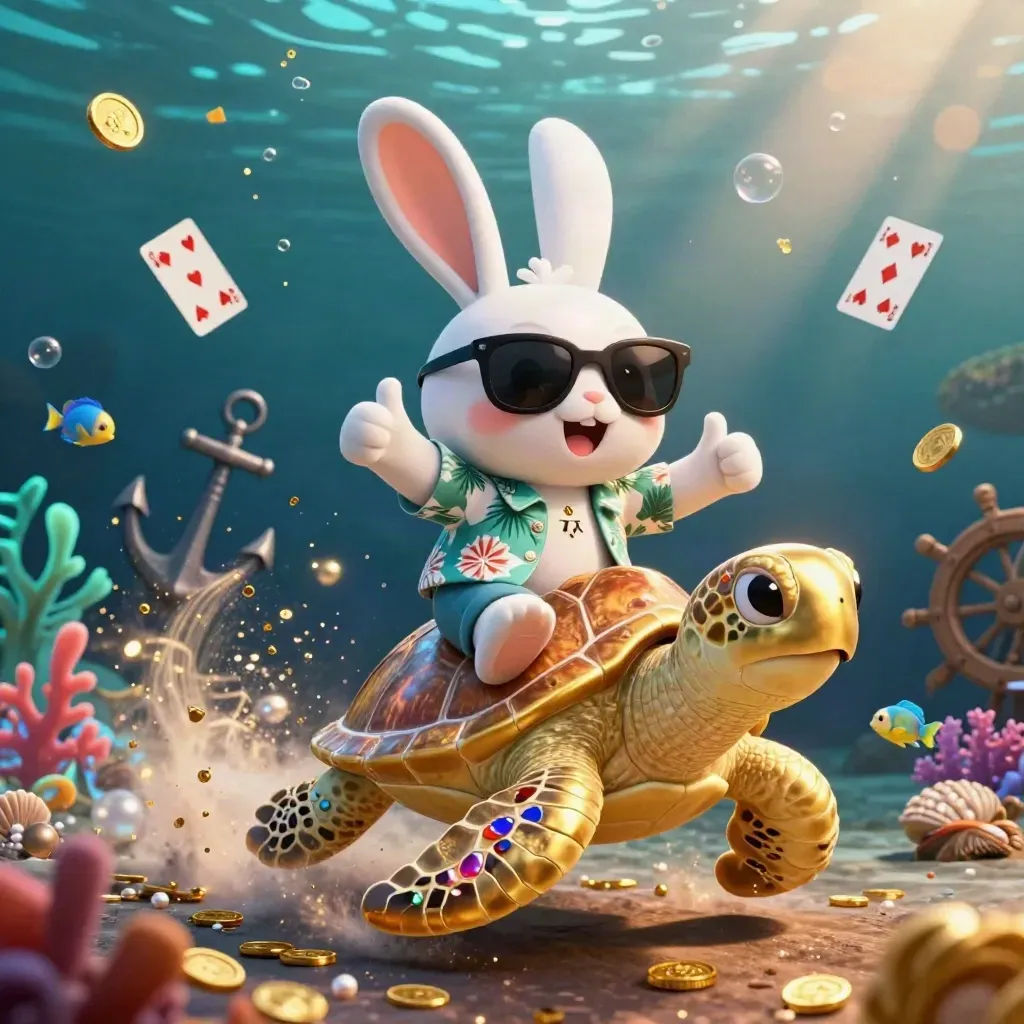 Lucky rabbit riding a golden turtle underwater with treasure, coral, and glowing light rays.