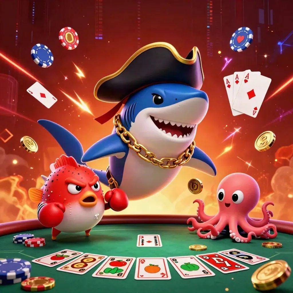 Pirate shark, boxing pufferfish, and coin-juggling octopus burst around a glowing poker table.