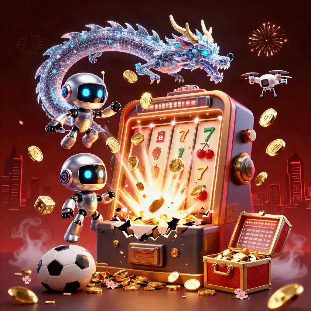 Cyberpunk robot, holographic dragon, and drone amid a bursting slot vault with gold coins and fireworks.