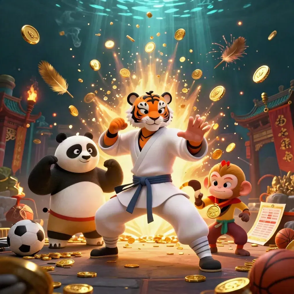 Kung-fu tiger, panda, and monkey amid bursting vault gold, coins, fire, and casino loot