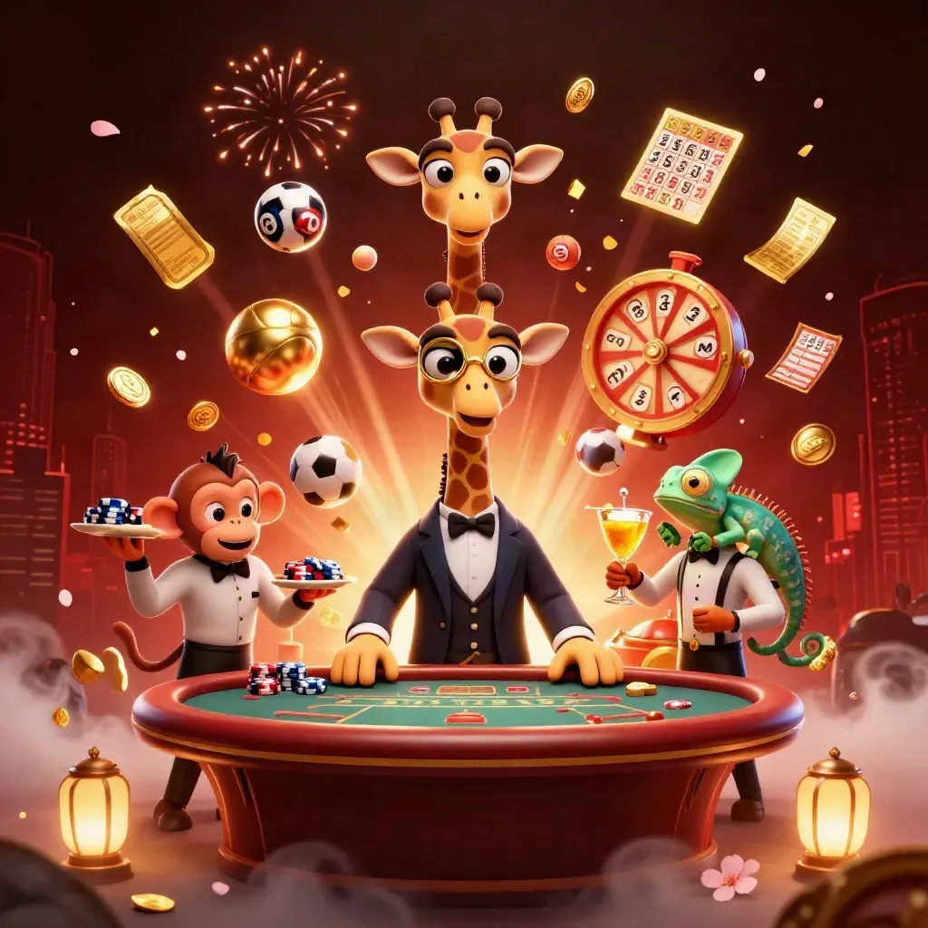 Giraffe, monkey valet, and chameleon bartender amid exploding gold coins and casino prizes