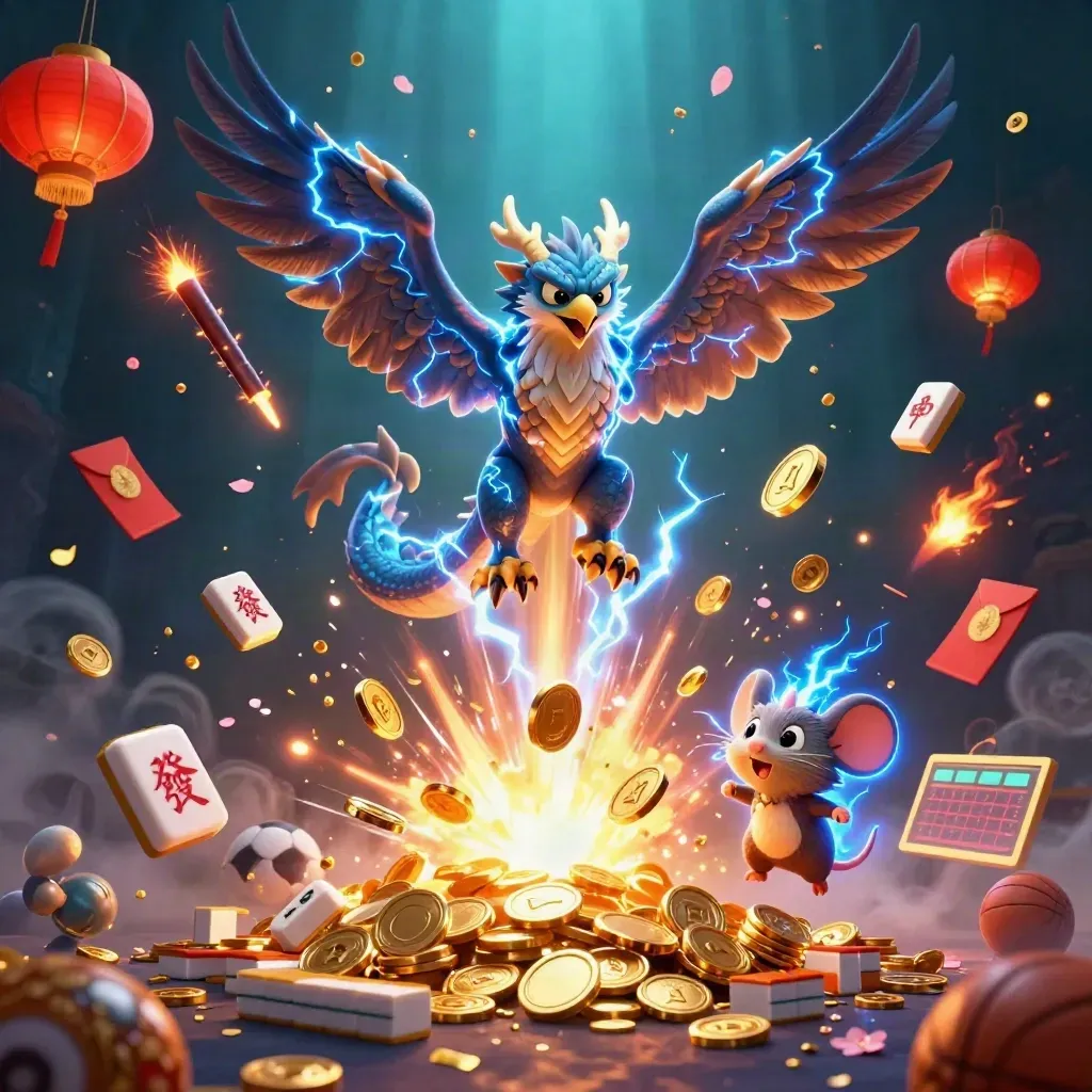 Thunder dragon, wind hawk and thunder-mouse amid gold coins, lanterns and fireworks.