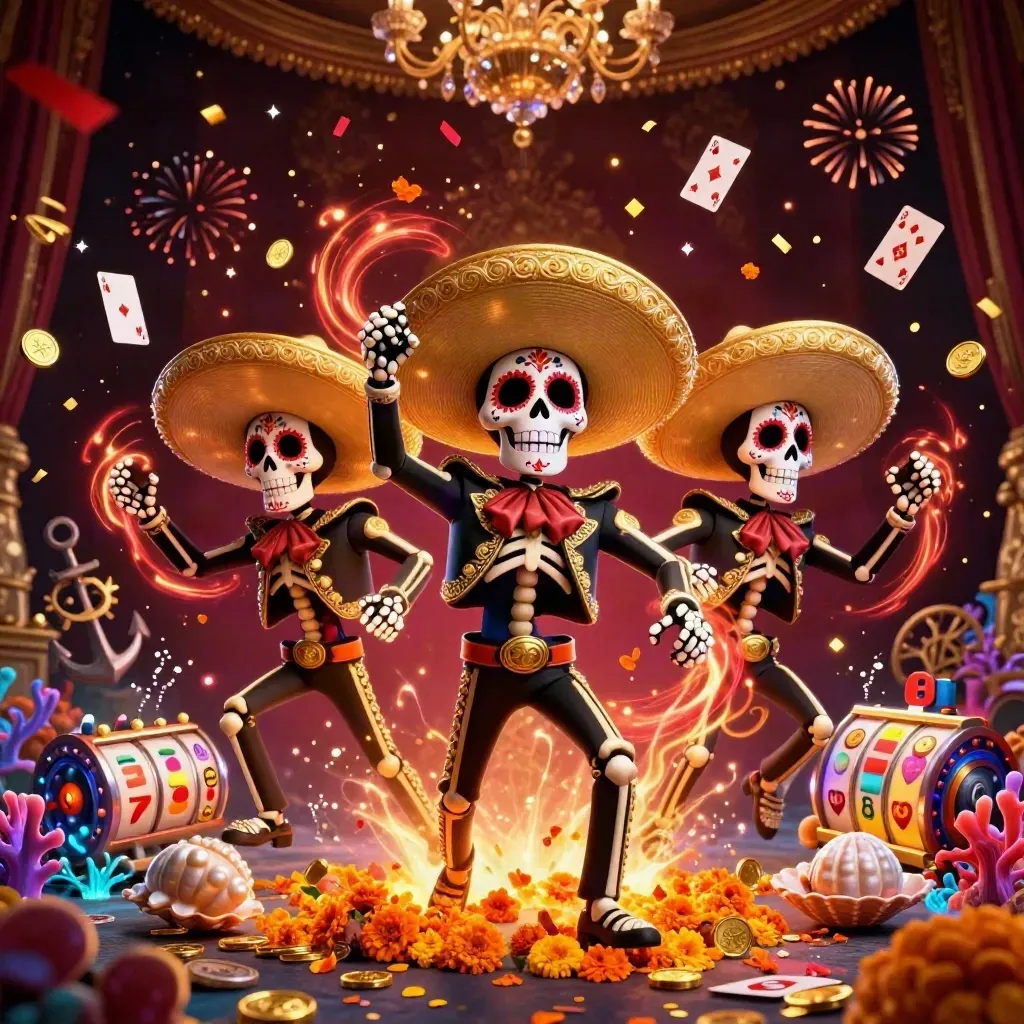 Three mariachi skeletons amid gold coins, coral, and casino magic in a dark luxe scene.