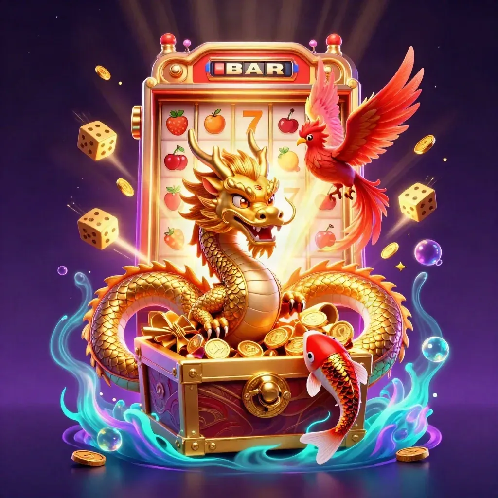 Golden dragon with phoenix and koi amid slot reels, dice, coins, and glowing casino effects.