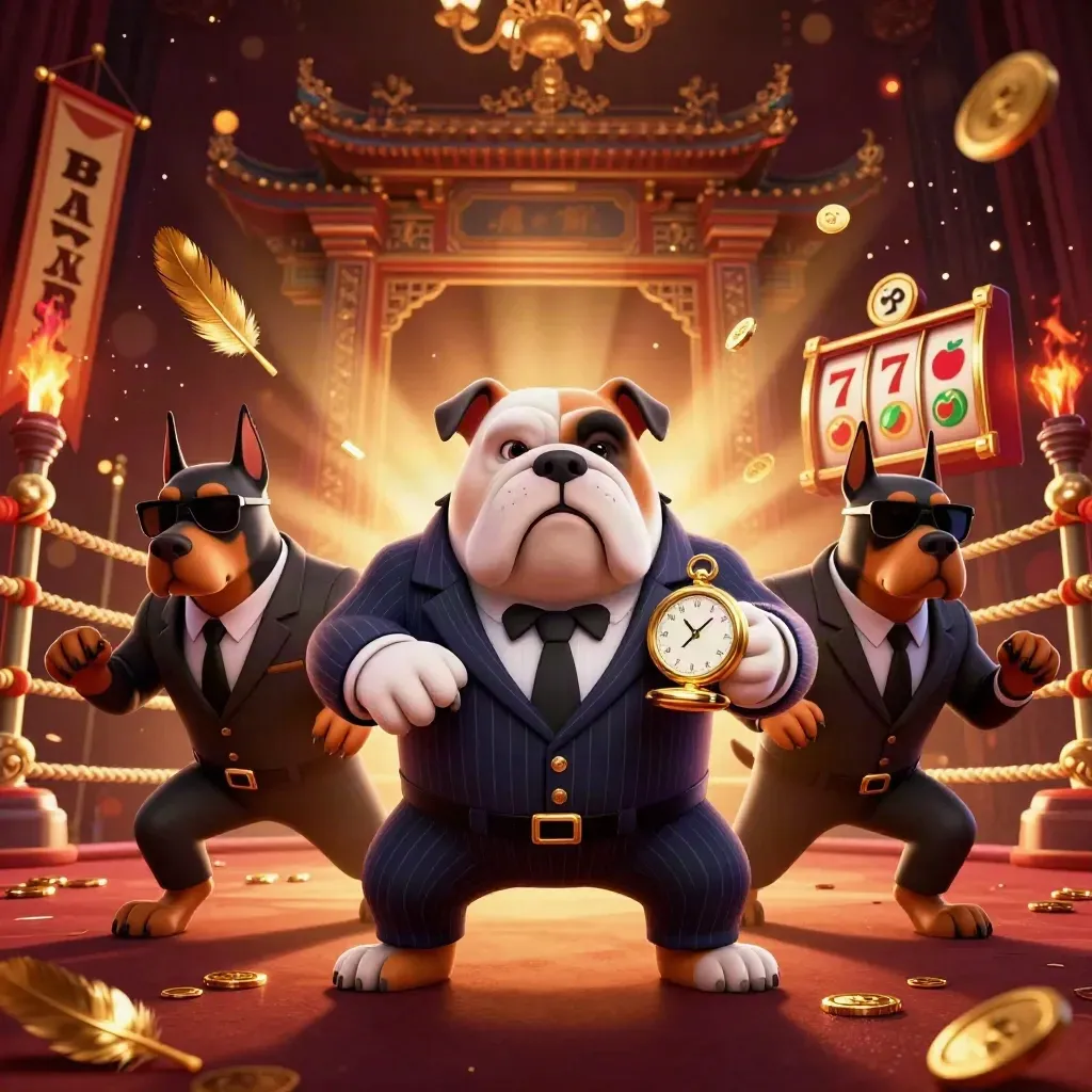 Cartoon bulldog mob boss with two Dobermans amid casino loot, temple gate, reels, and gold glow.