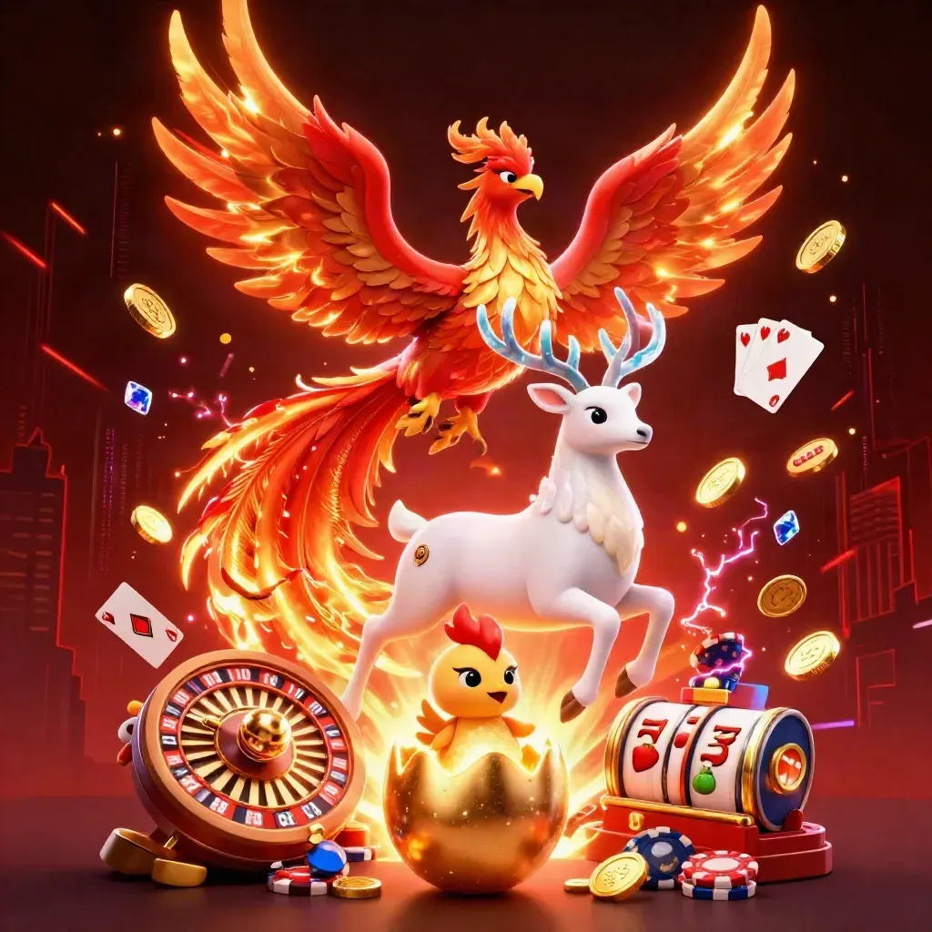 Phoenix, hatchling, and crystal stag amid casino sparks, coins, cards, reels, and dark red light.