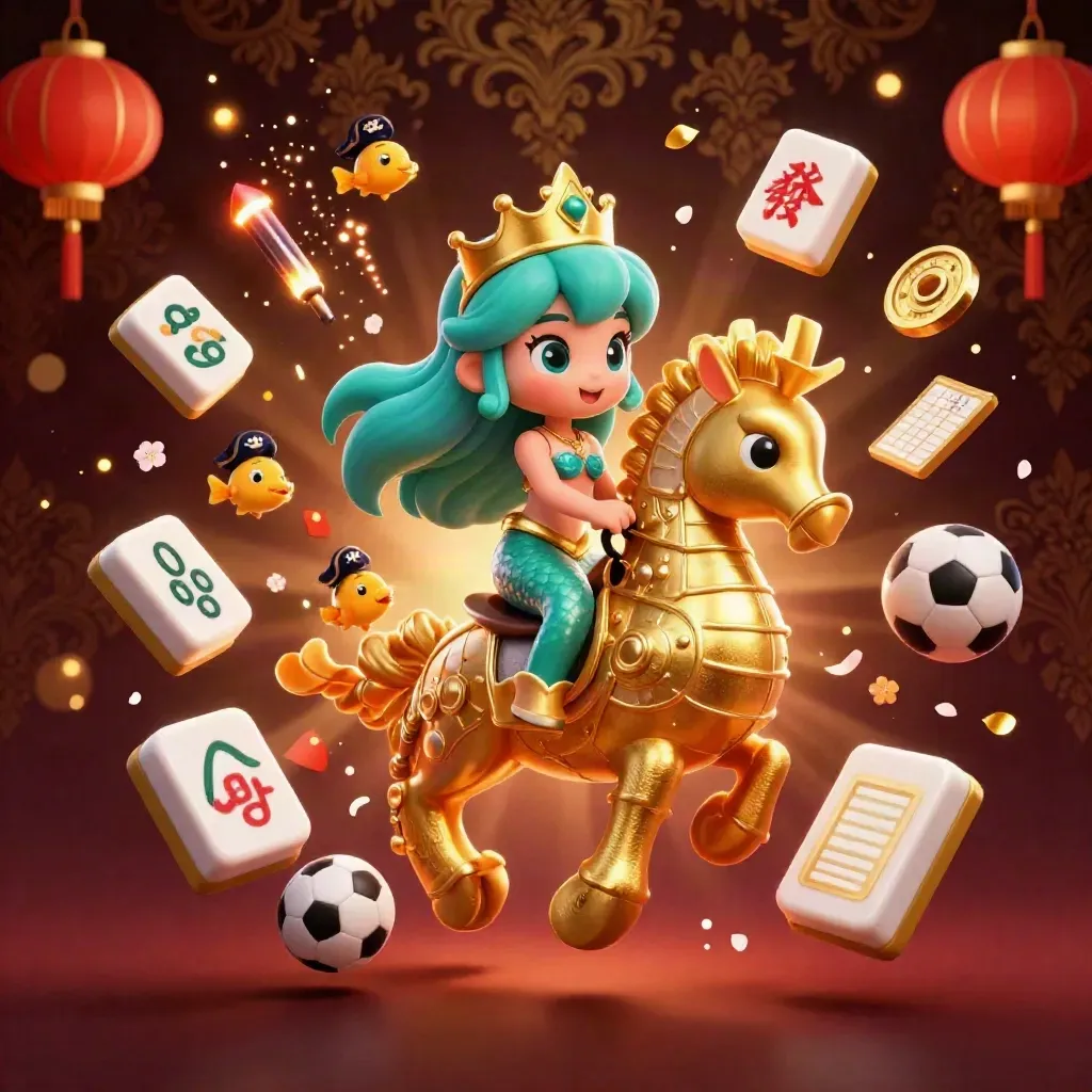 Mermaid princess on a golden seahorse amid lanterns, coins, tiles and sports betting props.