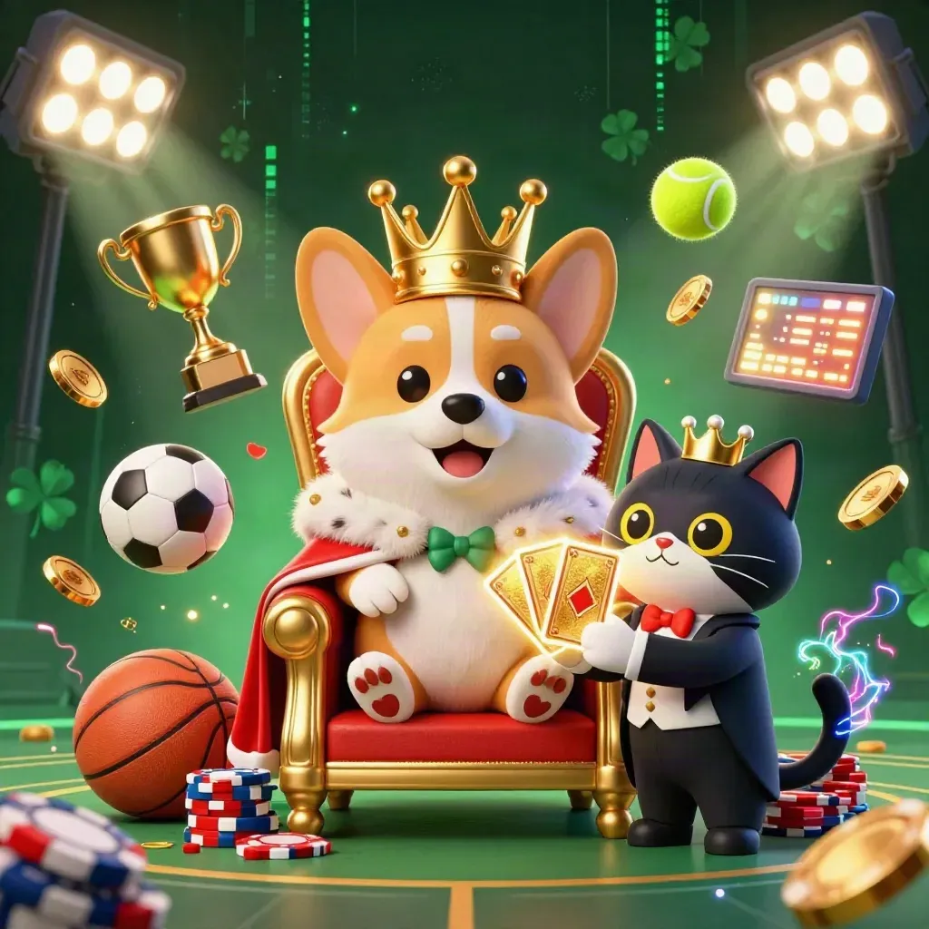 Royal corgi and cat butler amid chips, sports balls, gold coins, trophy, and neon casino effects.