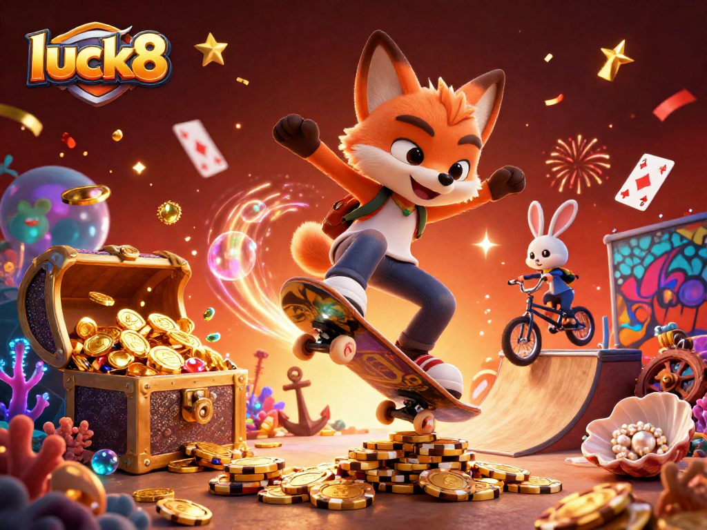 Engage in thrilling casino adventures with luck8's vibrant 3D illustration showcasing gameplay excitement.