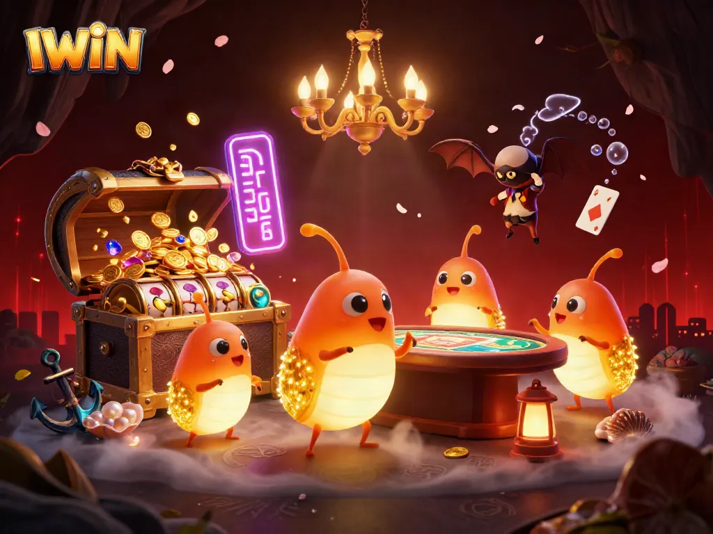 IWIN's lively casino scene with glowworms and a bat dealer creating excitement over slots and treasures.