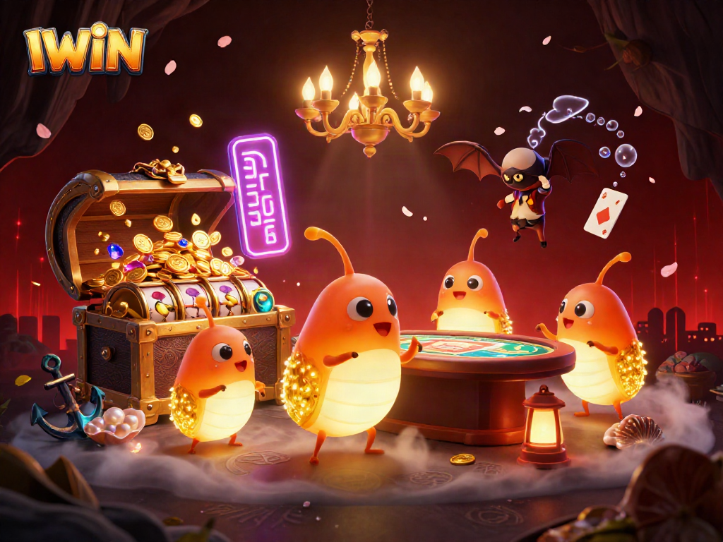 IWIN's lively casino scene with glowworms and a bat dealer creating excitement over slots and treasures.