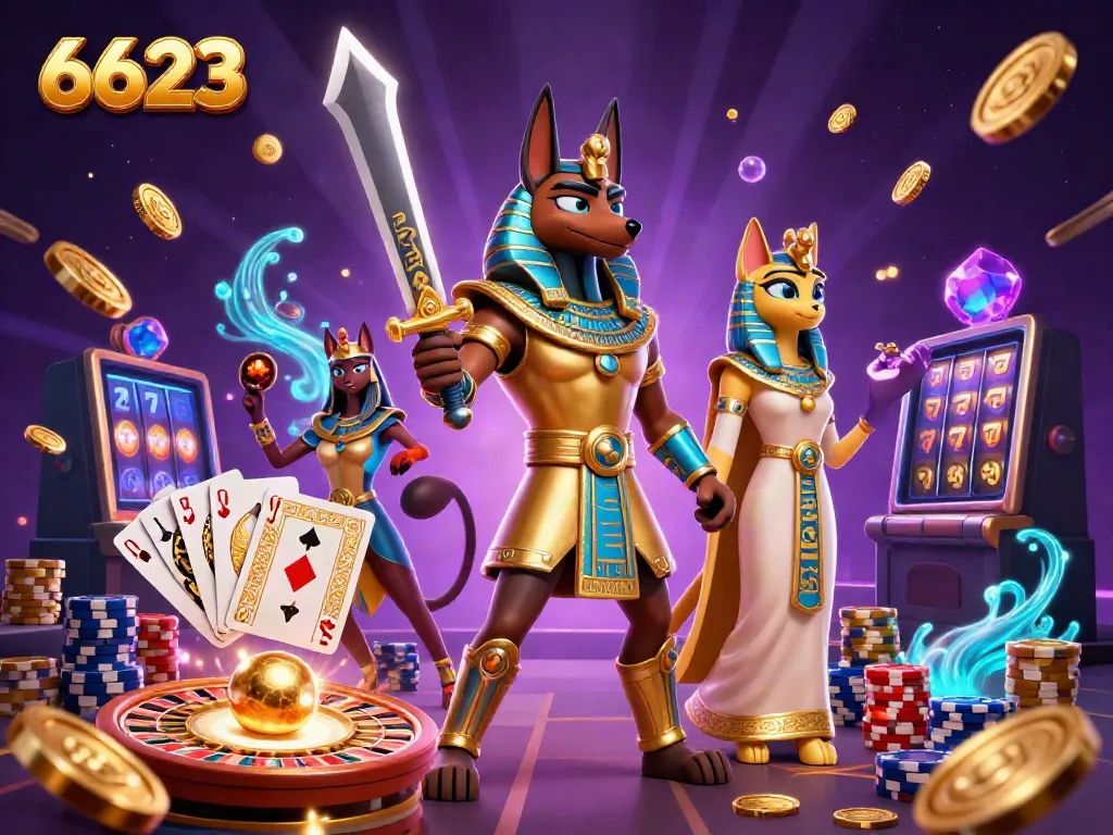 Engage with 6623's casino adventure featuring Anubis and Bastet amidst vibrant gaming elements.