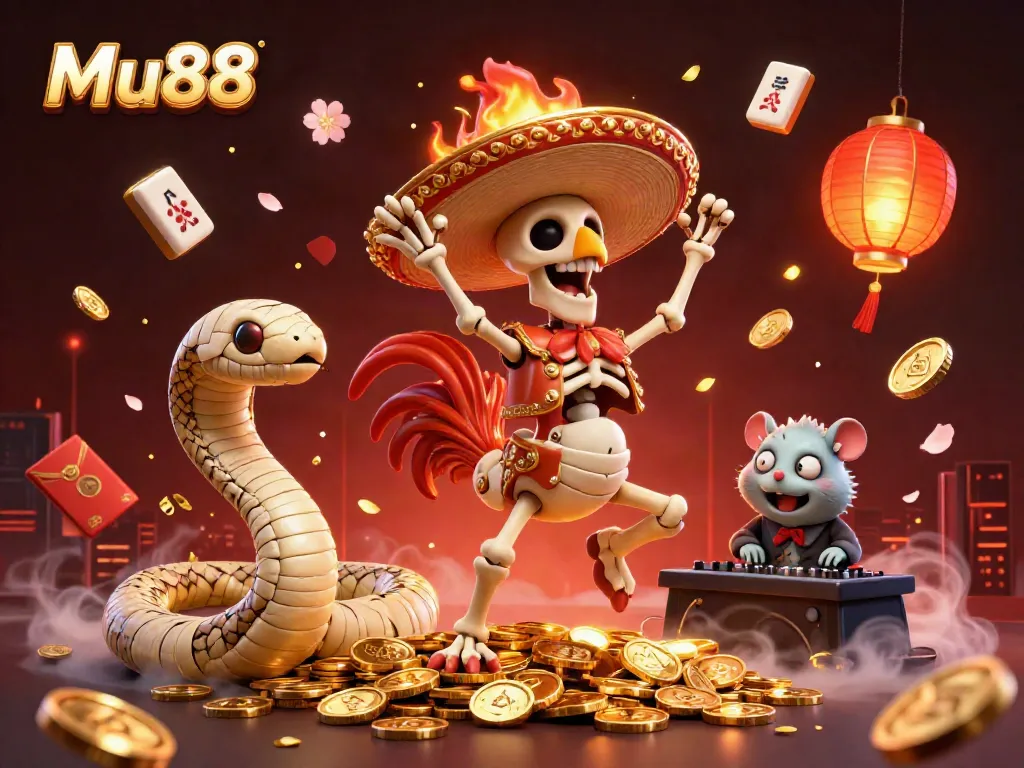Celebrate wins at Mu88 with a lively scene of a mariachi rooster dancing on gold coins, surrounded by vibrant casino elements.