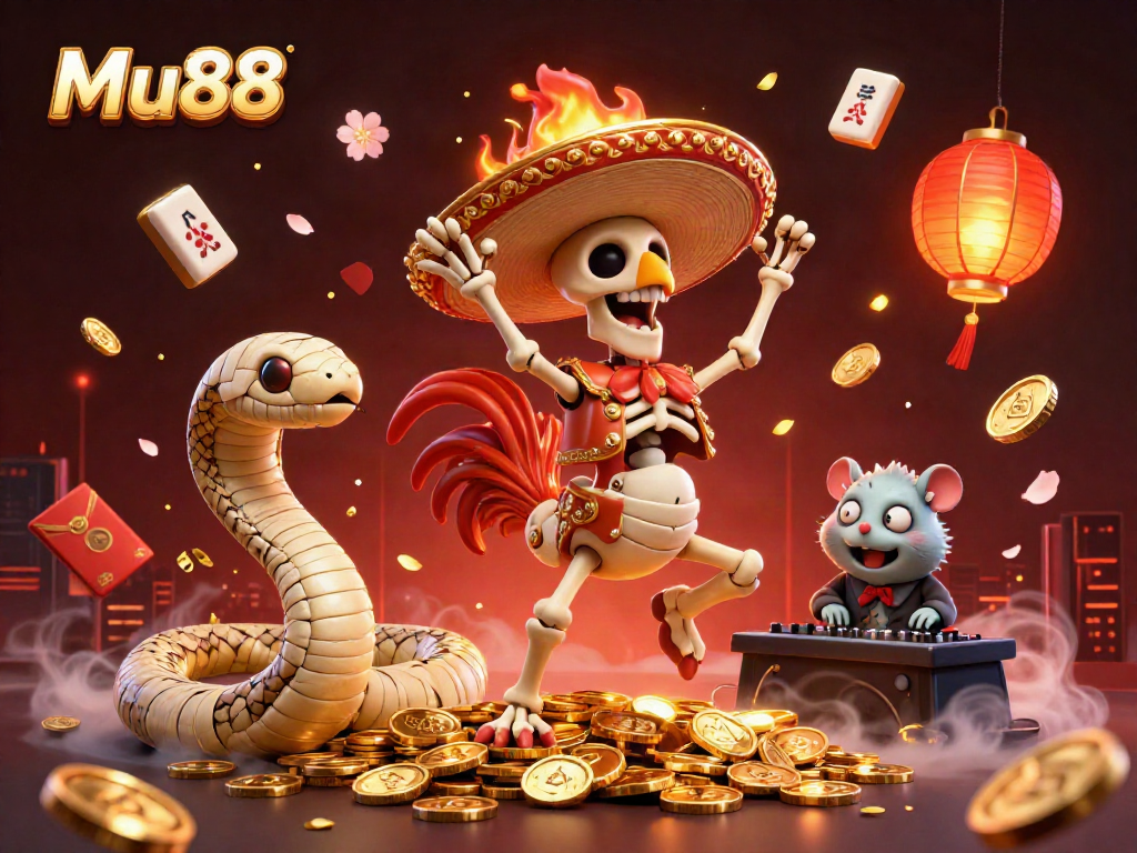 Celebrate wins at Mu88 with a lively scene of a mariachi rooster dancing on gold coins, surrounded by vibrant casino elements.