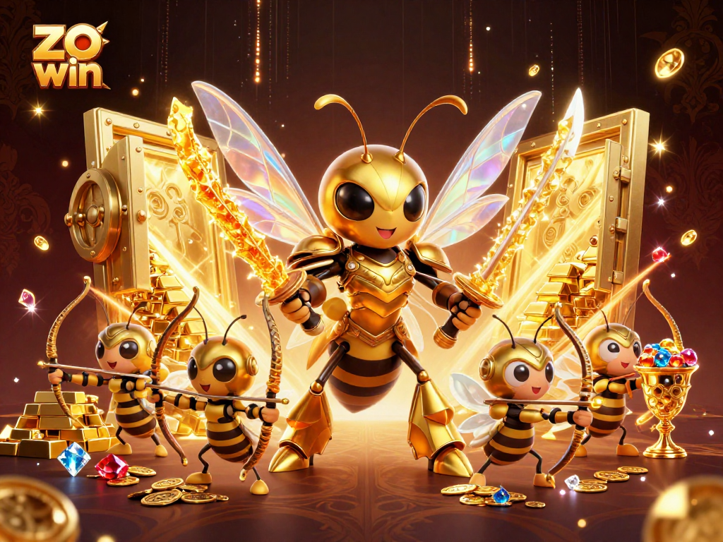 Experience the thrill of zo win with a samurai-themed hornet and loyal bee archers amidst treasure.