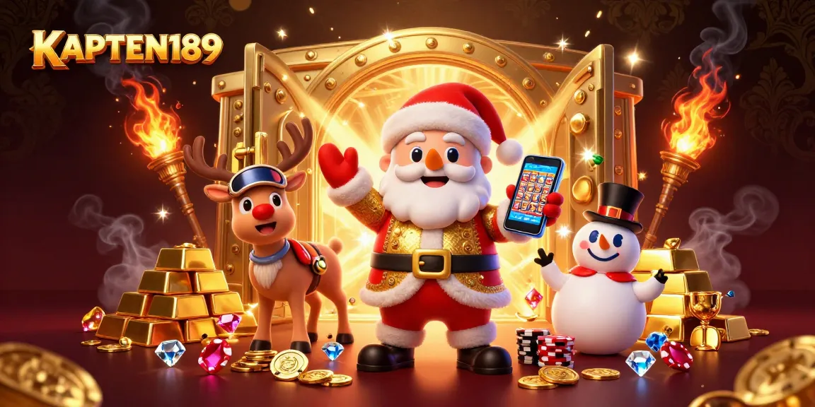 KAPTEN189 memikat pemain dengan Santa Claus santai dan rekan-rekannya dalam suasana kasino yang gemerlap.