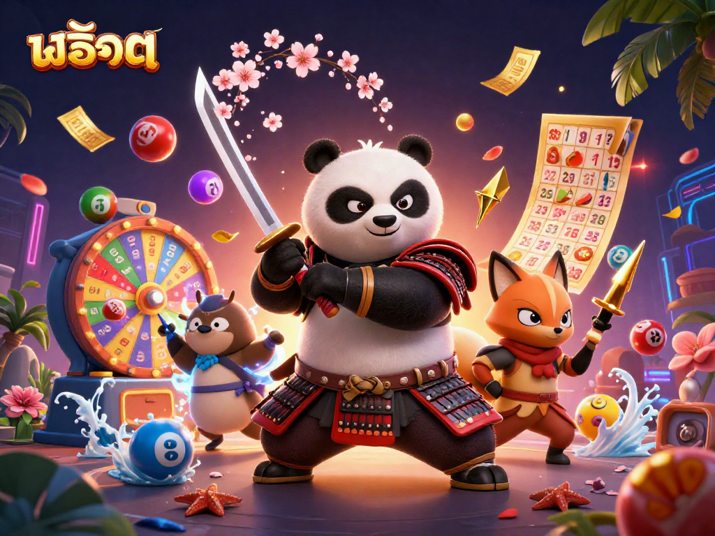 Experience thrilling สล็อต gameplay with a fierce panda samurai and dynamic game elements in a vibrant scene.