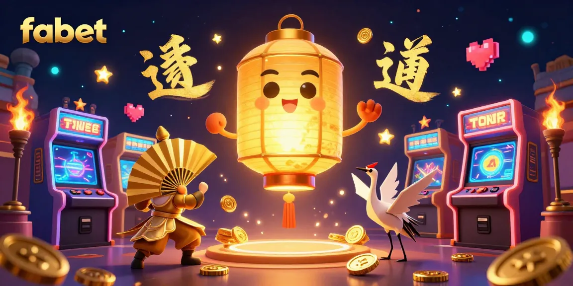 Experience the thrill of fabet with vivid 3D casino art featuring golden lantern spirits and arcade games.