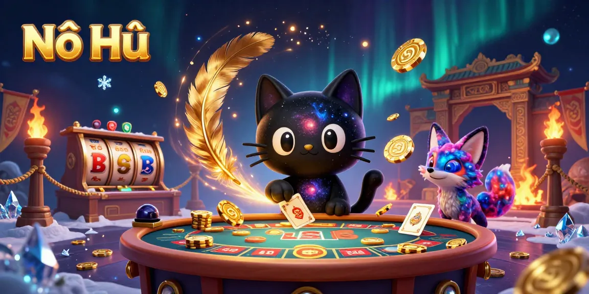 Nổ Hũ showcases a 3D cosmic casino with a black hole cat and fox, pulling in golden chips and cards.