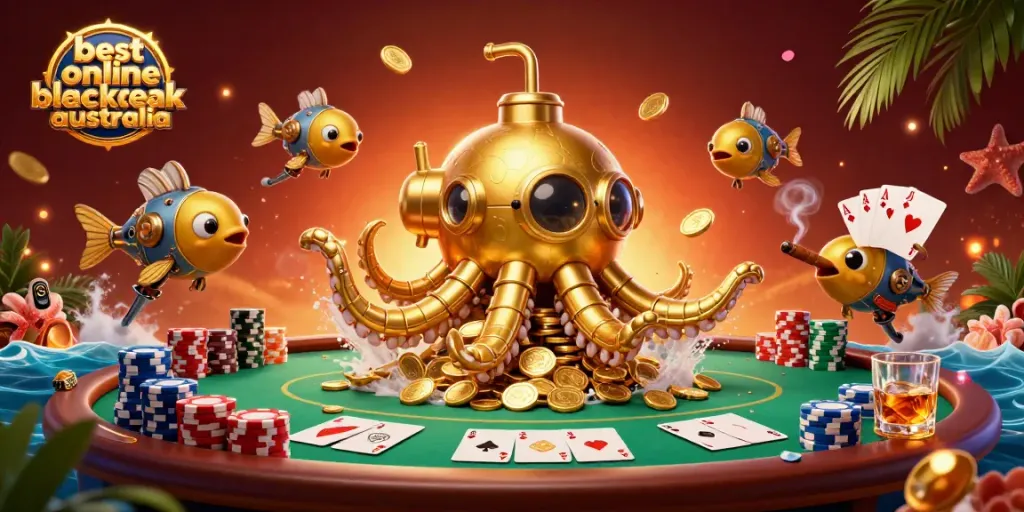 Experience the excitement of the best online blackjack Australia with a captivating golden kraken submarine scene.