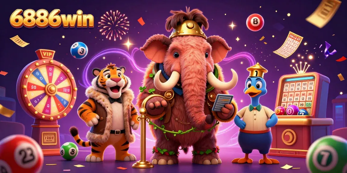 6886win's vibrant casino scene features a woolly mammoth bouncer with colorful lottery elements.