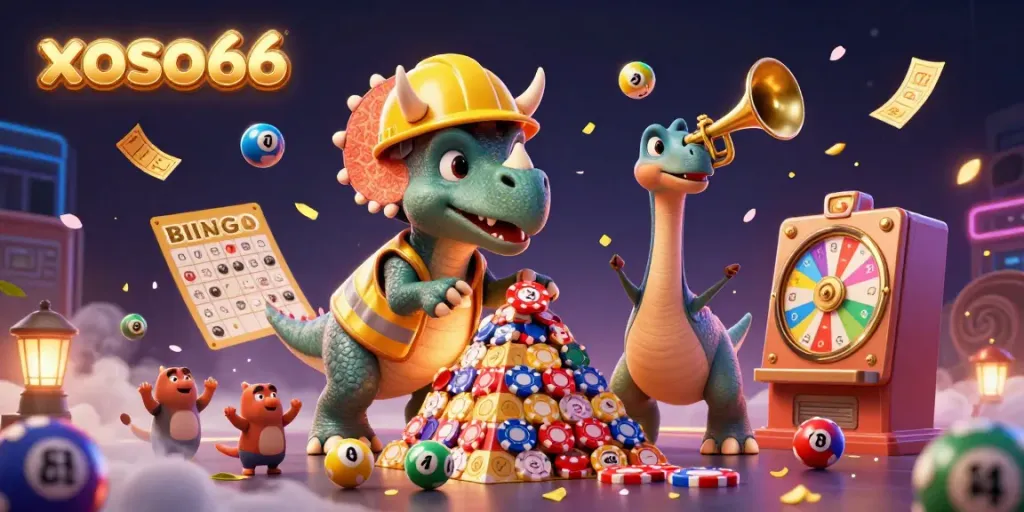 Join the excitement at xoso66 with a vivid illustration of a cheerful triceratops creating a chip pyramid amid colorful lottery elements.