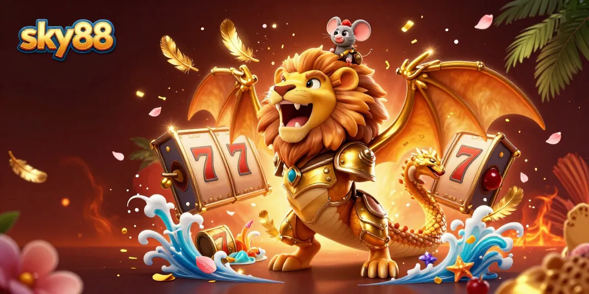 Experience the thrill of sky88 casino with a vibrant 3D chimera and dynamic slot gameplay elements.