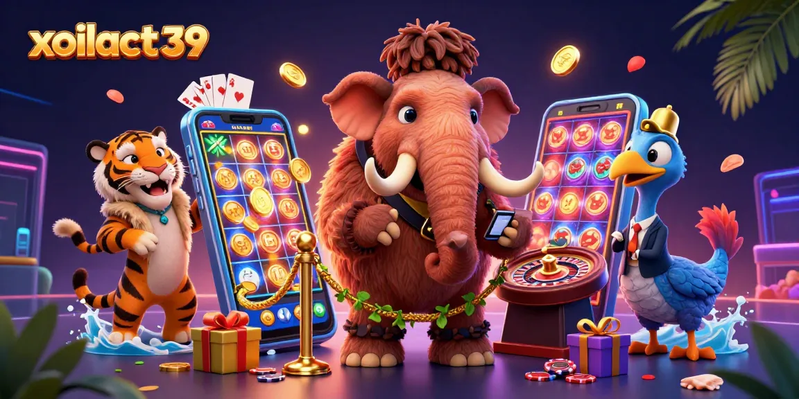 Xoilactv39 showcases a vibrant casino scene with a woolly mammoth bouncer, saber-tooth VIP, and dodo doorman.