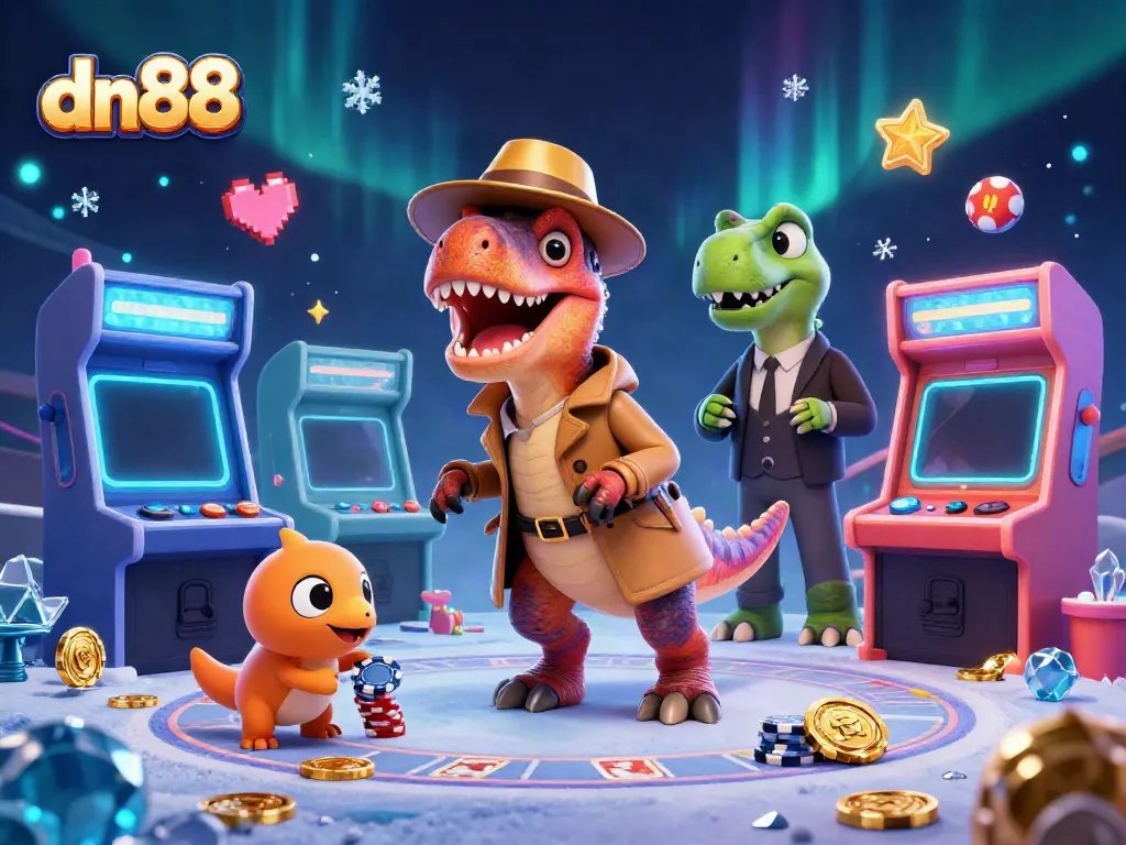 Experience the thrill of dn88 with a velociraptor at the blackjack table in a vibrant casino scene.