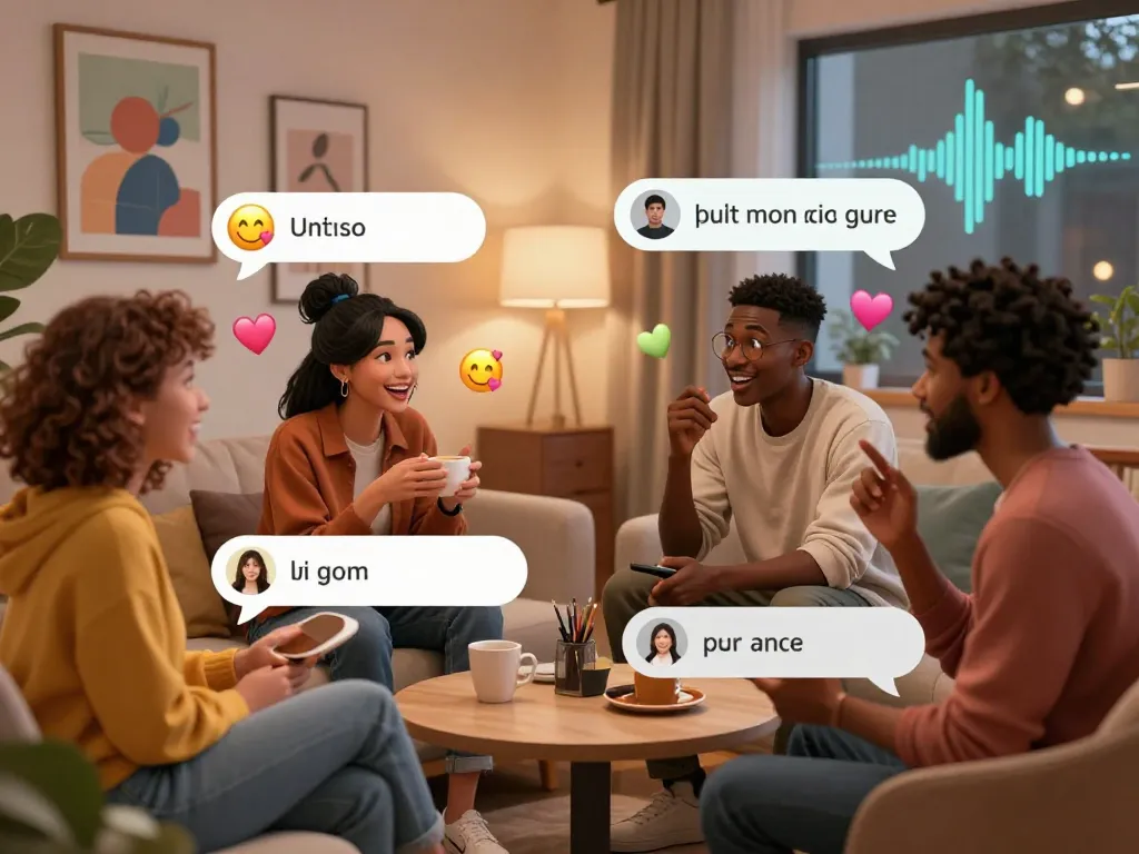 Diverse AI avatars engaging in free ai sex chat in a cozy digital lounge, showcasing lively conversation and playful personalities.
