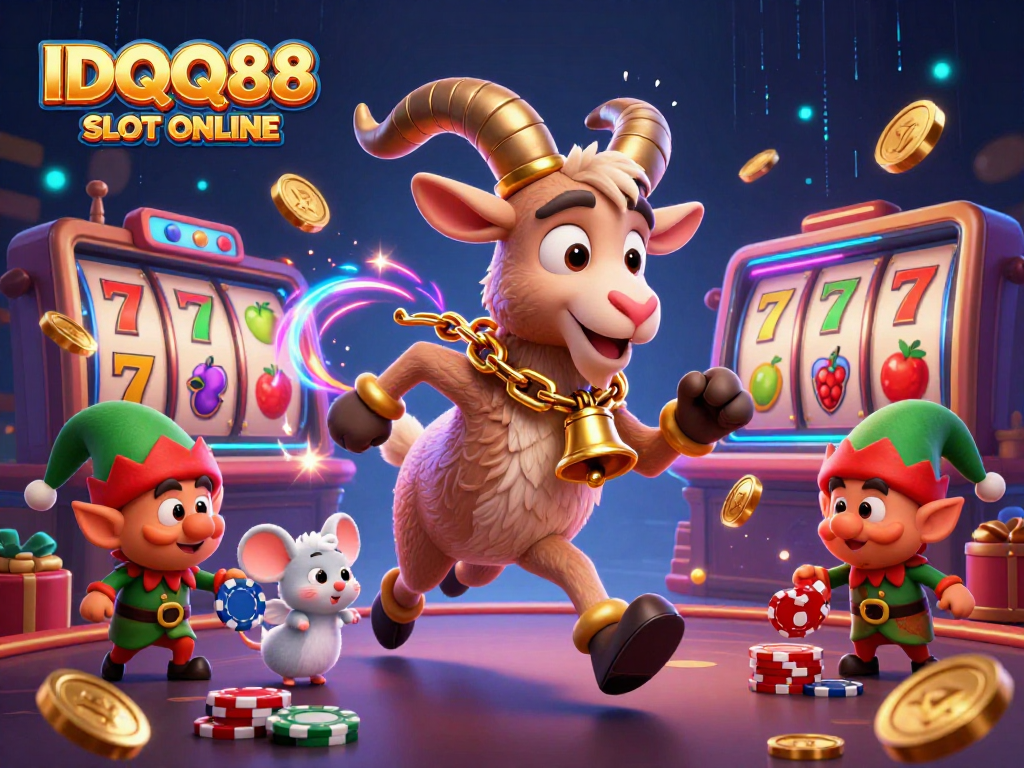 Experience IDQQ88 SLOT ONLINE with festive casino chaos featuring characters and slot elements. Play now!
