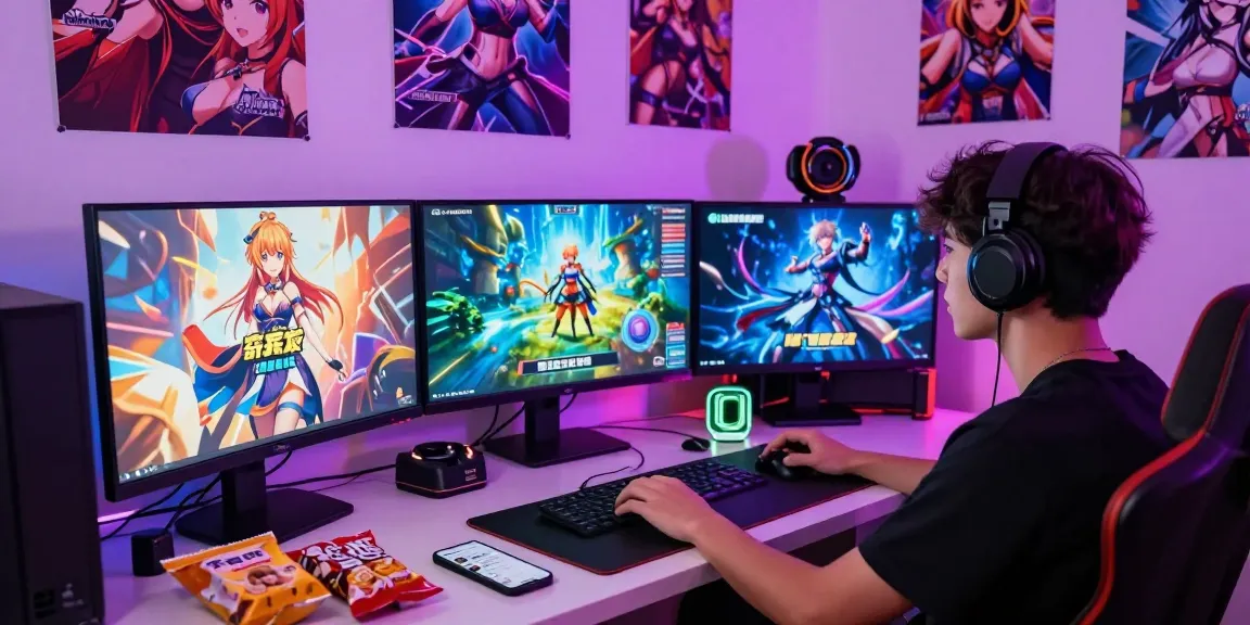 Player immersed in free hentai games on a vibrant gaming setup, showcasing anime characters and interactive storylines in a colorful bedroom.