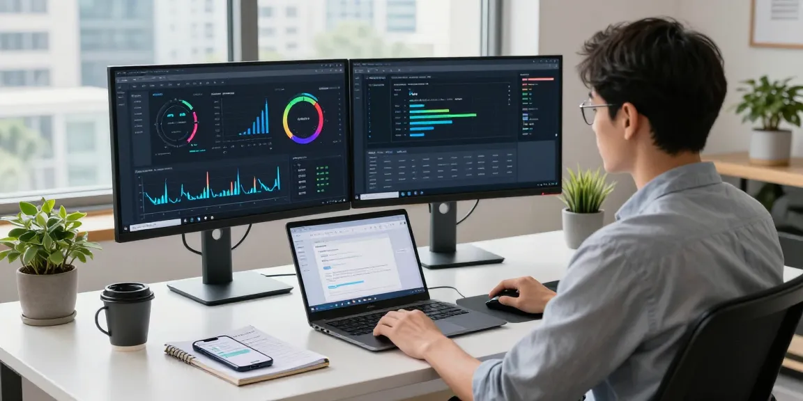 快连 network optimization software shown in a professional workspace with dual monitors and modern tech.