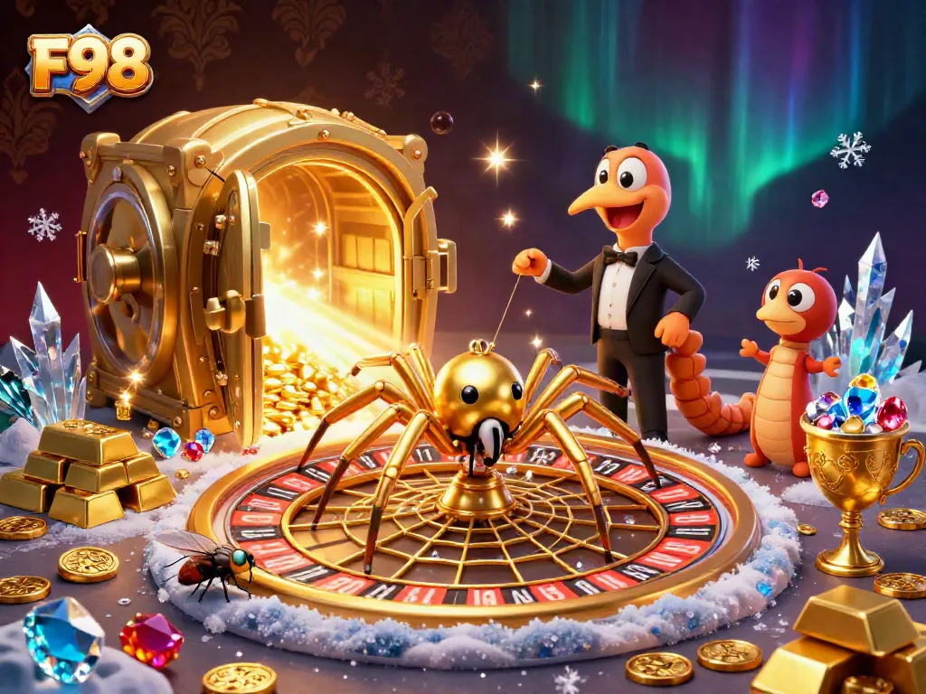 Engage in F98 gaming action with a thrilling roulette-themed spider scene packed with treasures.