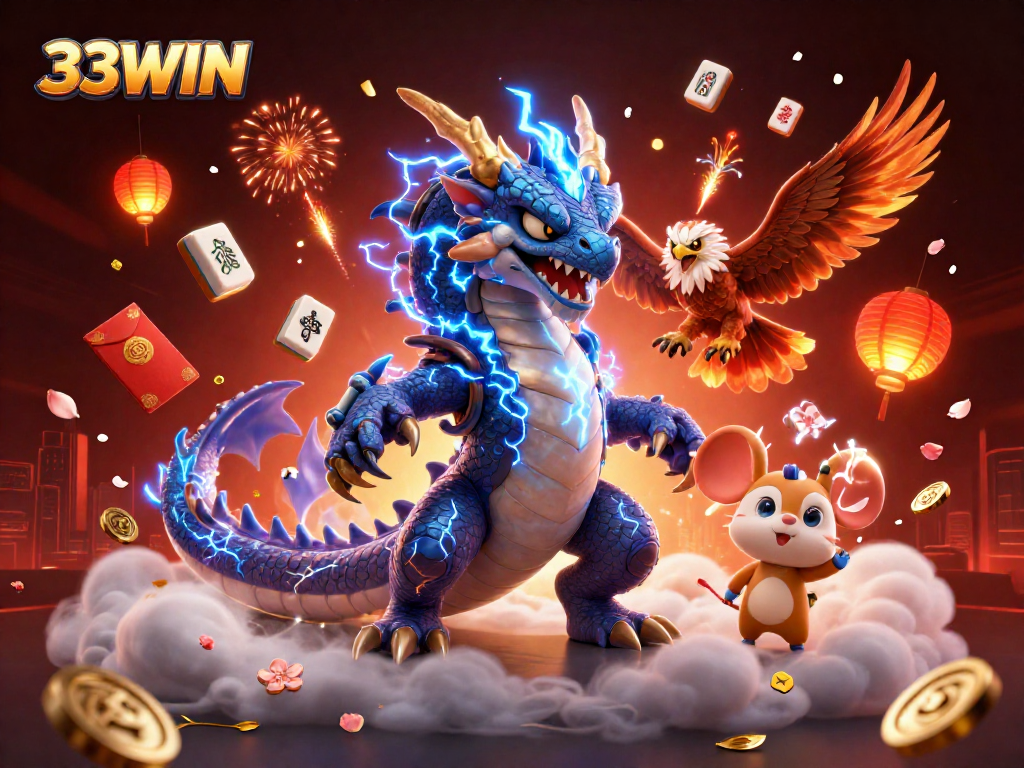 33WIN captures the excitement of gambling with vibrant illustrations of a thunder dragon and casino elements.