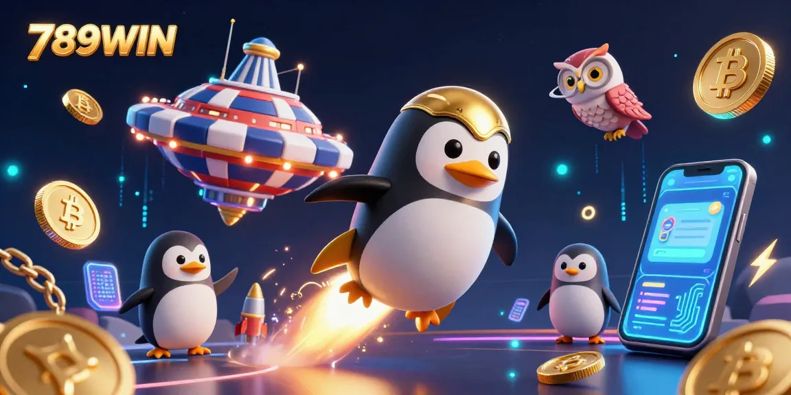 Experience the captivating world of 789WIN as a golden penguin heads to a casino space station, surrounded by cryptocurrency elements.