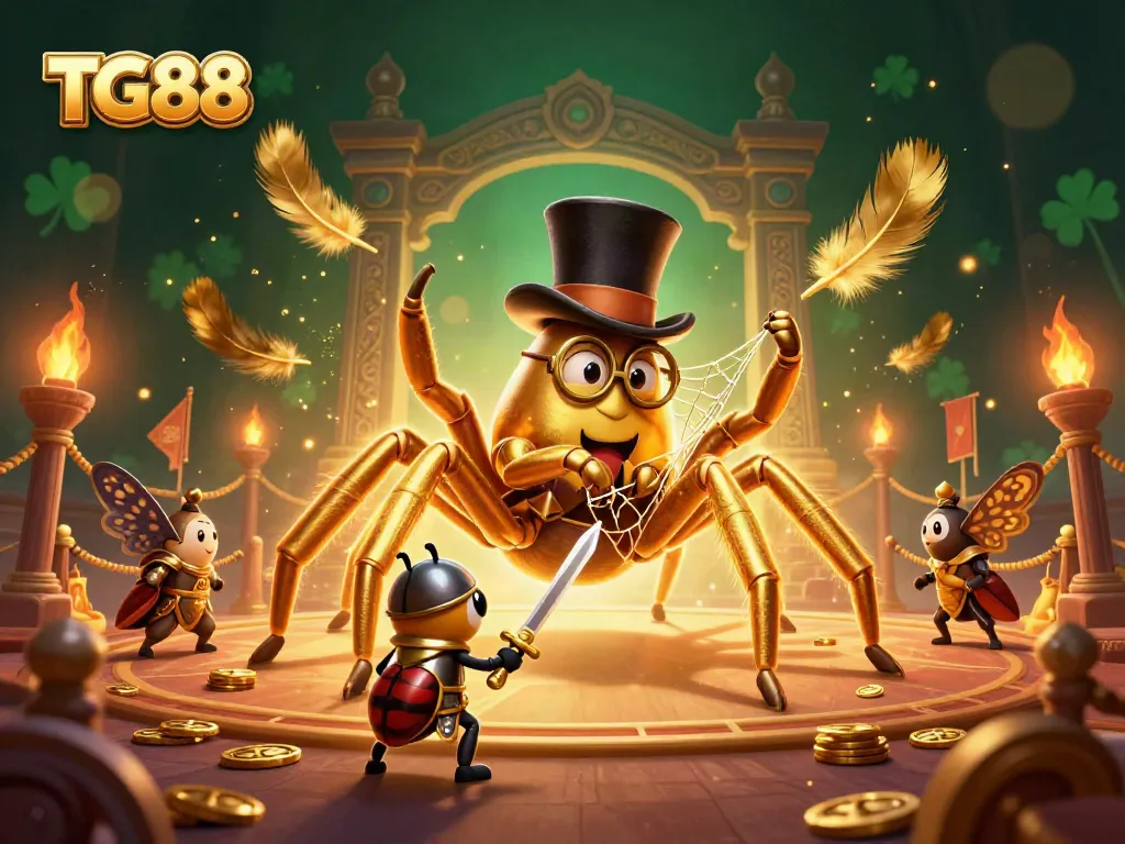 Experience thrilling gameplay at TG88 with a vibrant illustration of a golden tarantula and knight amidst casino elements.