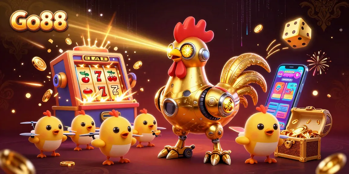 Engage with Go88's vibrant casino world featuring a golden robot and baby chick drones amid jackpot celebrations.