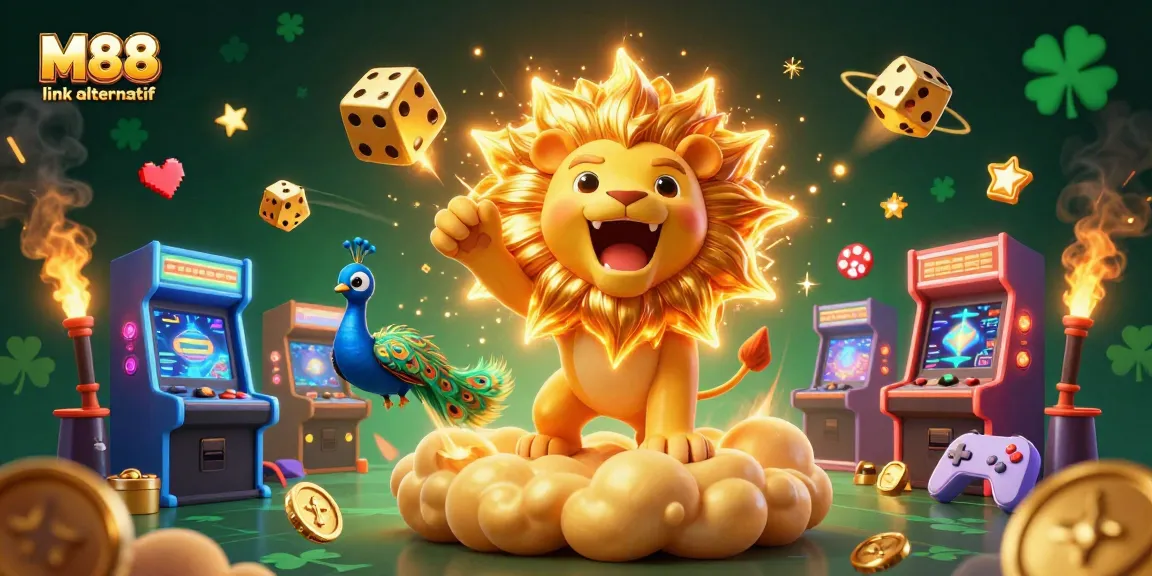 Engage with the exhilarating M88 link alternatif gaming experience featuring a triumphant sun lion amidst vibrant casino elements.