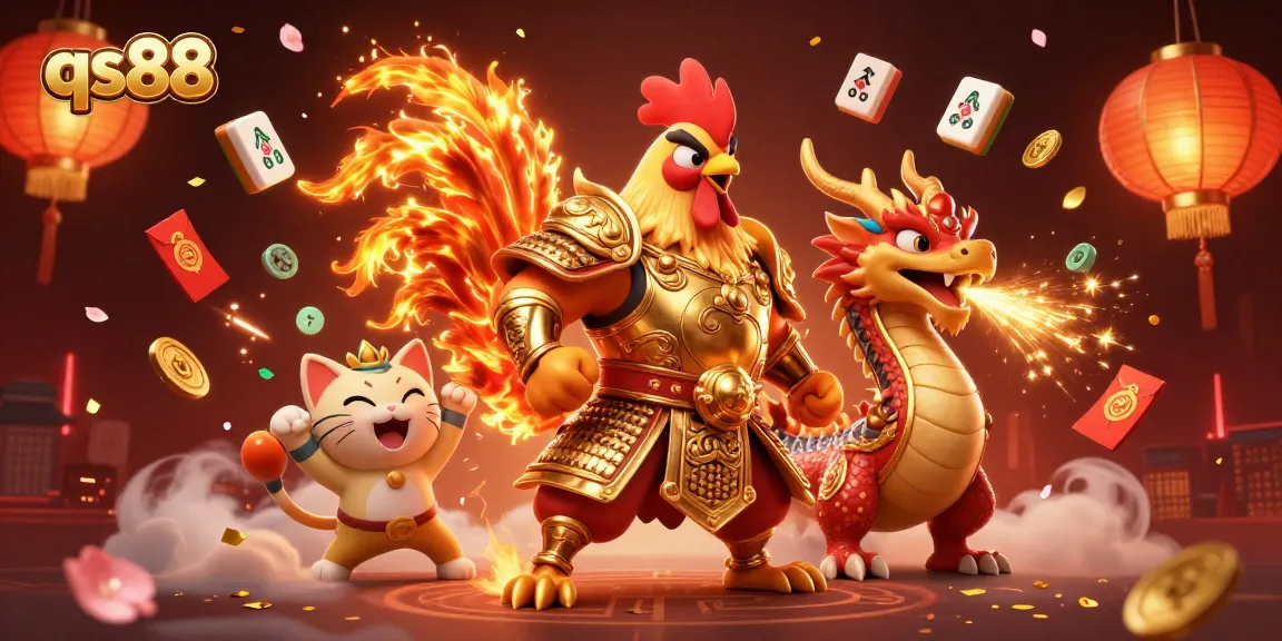 Engage with qs88's vibrant gaming experience featuring a powerful rooster warrior and dragon hatchling.