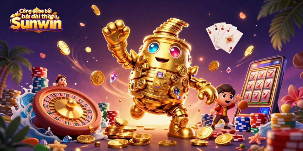 Cổng game bài đổi thưởng Sunwin showcases a vibrant casino scene with golden golem and flying coins.