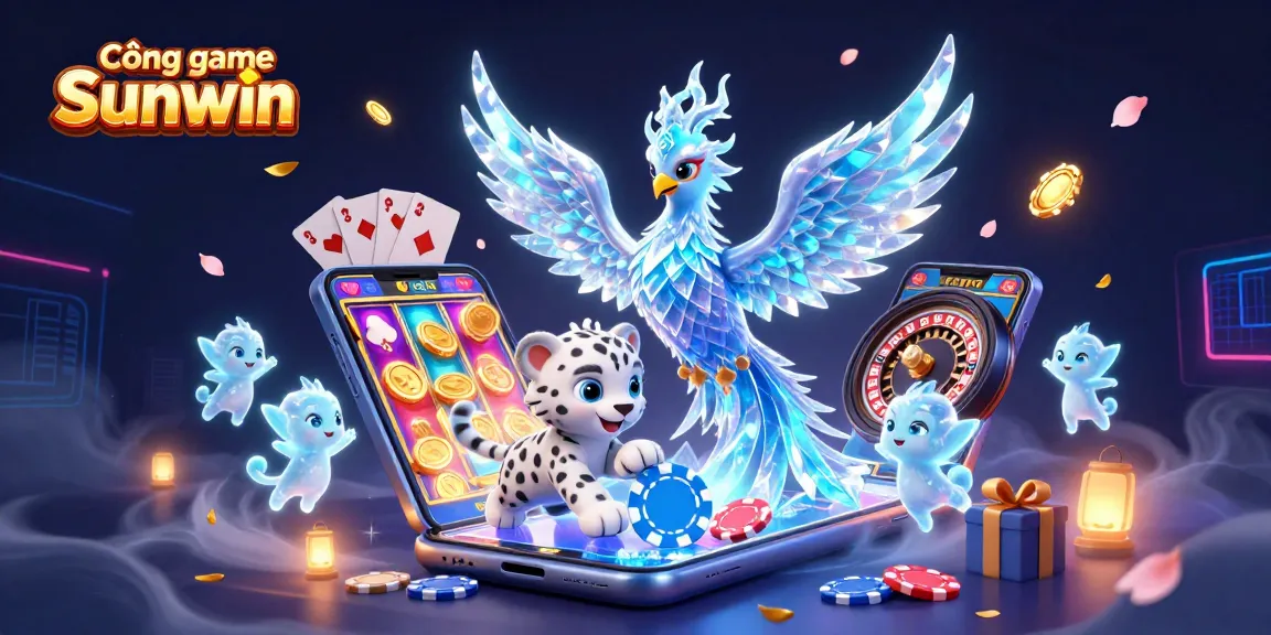 Cổng game Sunwin showcases a vibrant 3D illustration featuring an ice phoenix and magical creatures engaging in casino fun.