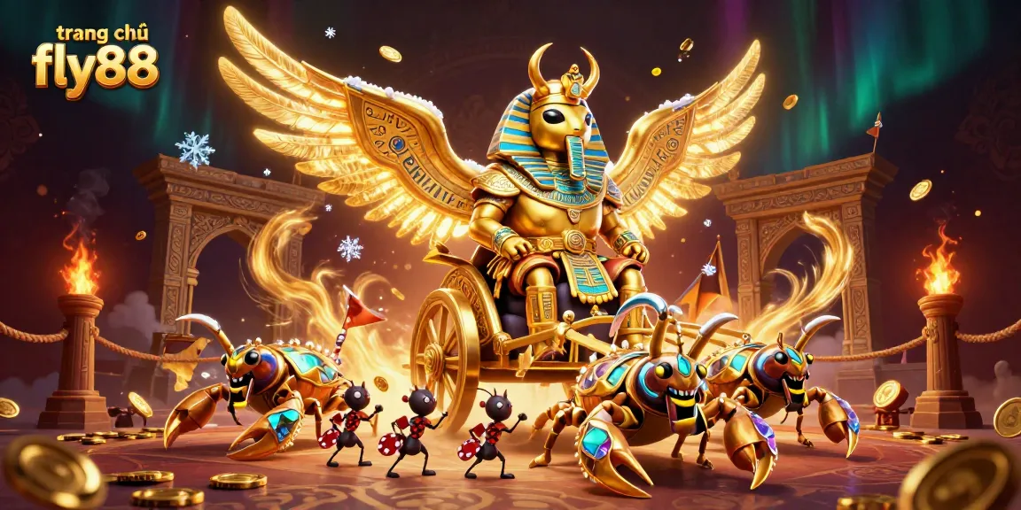 Engage in exciting gameplay at trang chủ fly88 with vibrant casino-themed illustration featuring a golden scarab and scorpions.