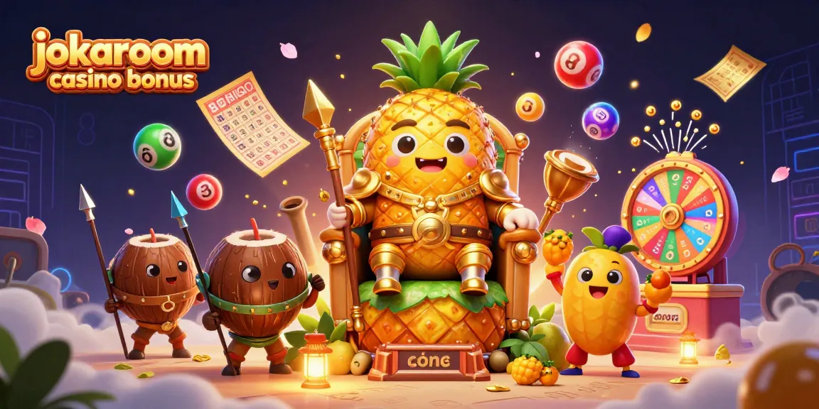 Experience the jokaroom casino bonus with a vibrant illustration featuring a golden pineapple king and colorful casino elements.