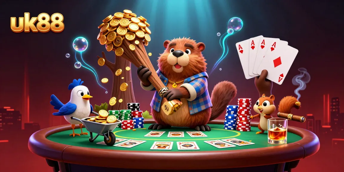 uk88 illustrate an exciting casino scene with cartoon characters collecting golden coins.